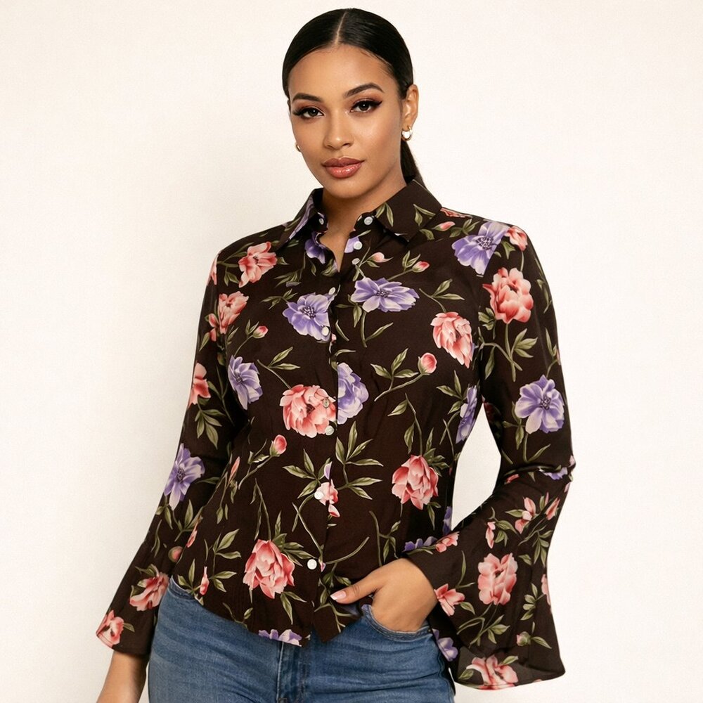 100% Silk Bell Sleeve Button Up Blouse Brown Floral Botanical Cottagecore Size S